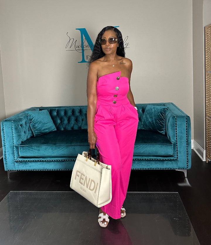 Stretch Twill Strapless Gold Button Fuchsia Jumpsuit