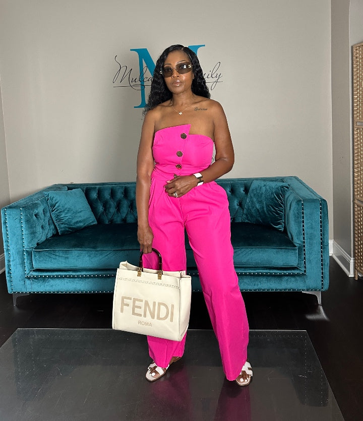 Stretch Twill Strapless Gold Button Fuchsia Jumpsuit