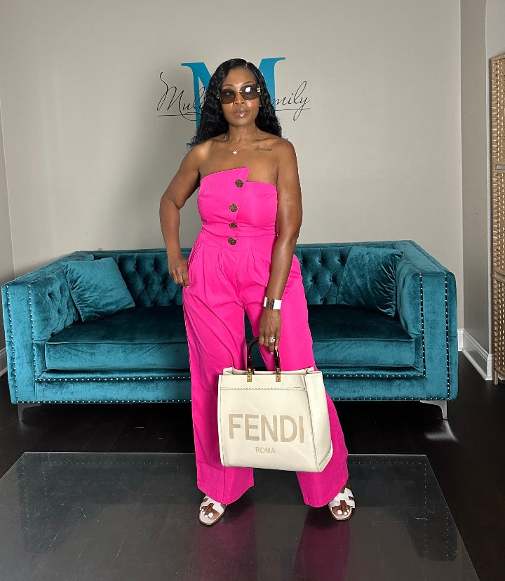 Stretch Twill Strapless Gold Button Fuchsia Jumpsuit