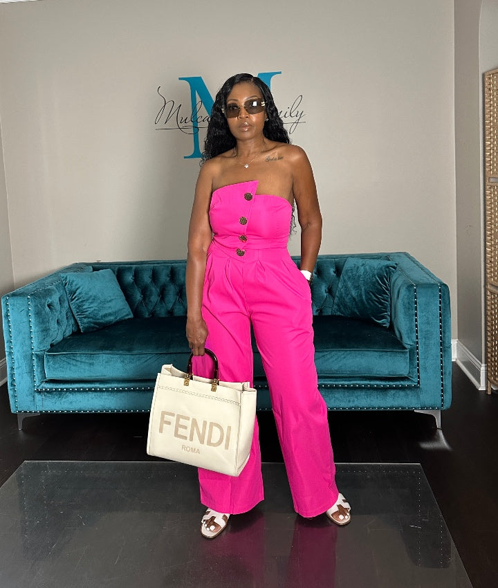 Stretch Twill Strapless Gold Button Fuchsia Jumpsuit