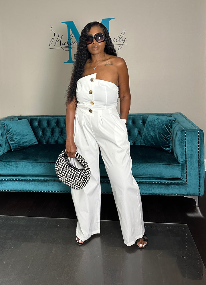 Stretch Twill Strapless Gold Button White Jumpsuit