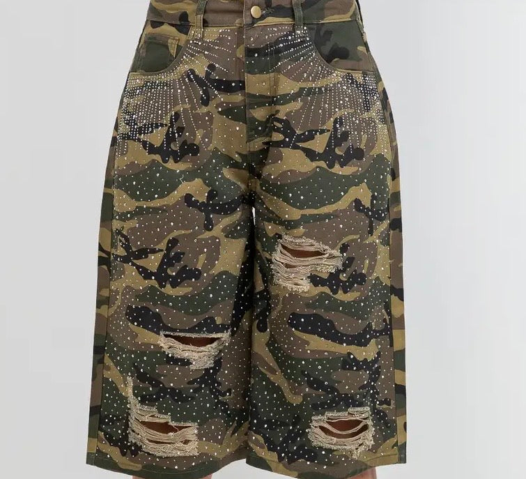 Sparkle Distressed Camo Jorts