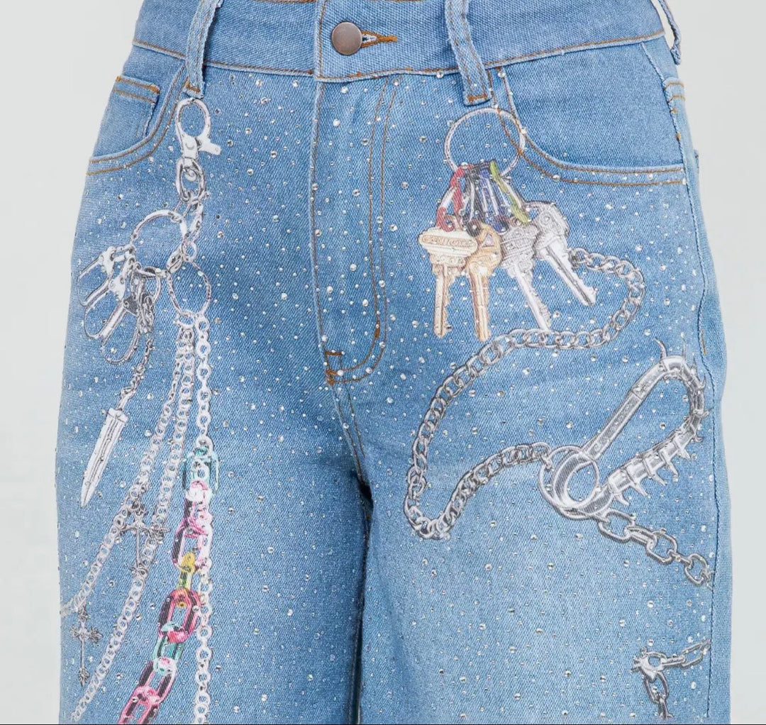 Chain print denim Jorts