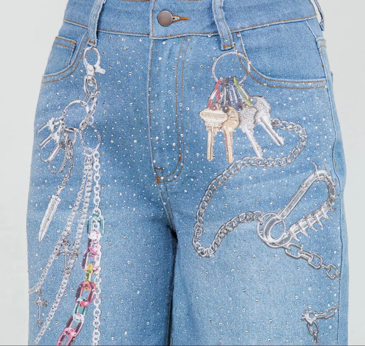 Chain print denim Jorts