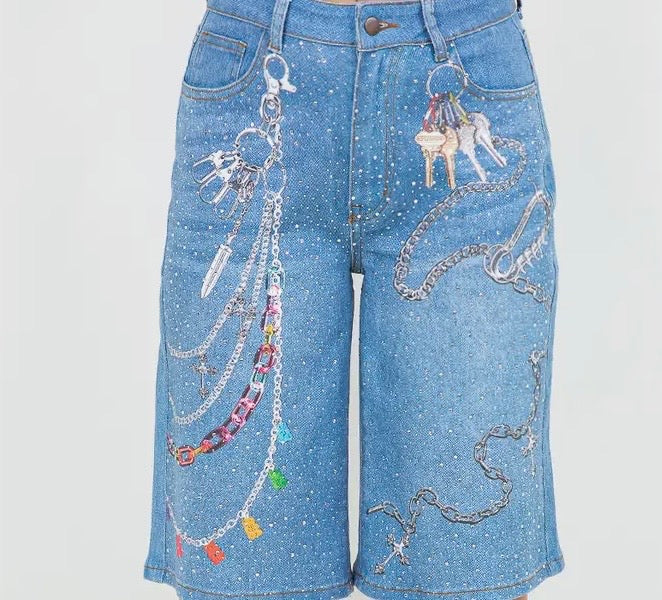 Chain print denim Jorts