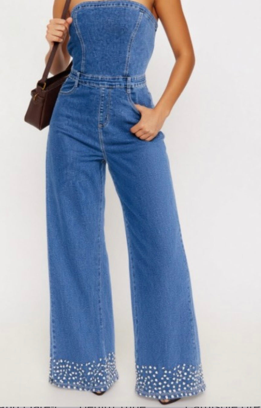 NEW Strapless Denim Rhinestone Cuffed Romper