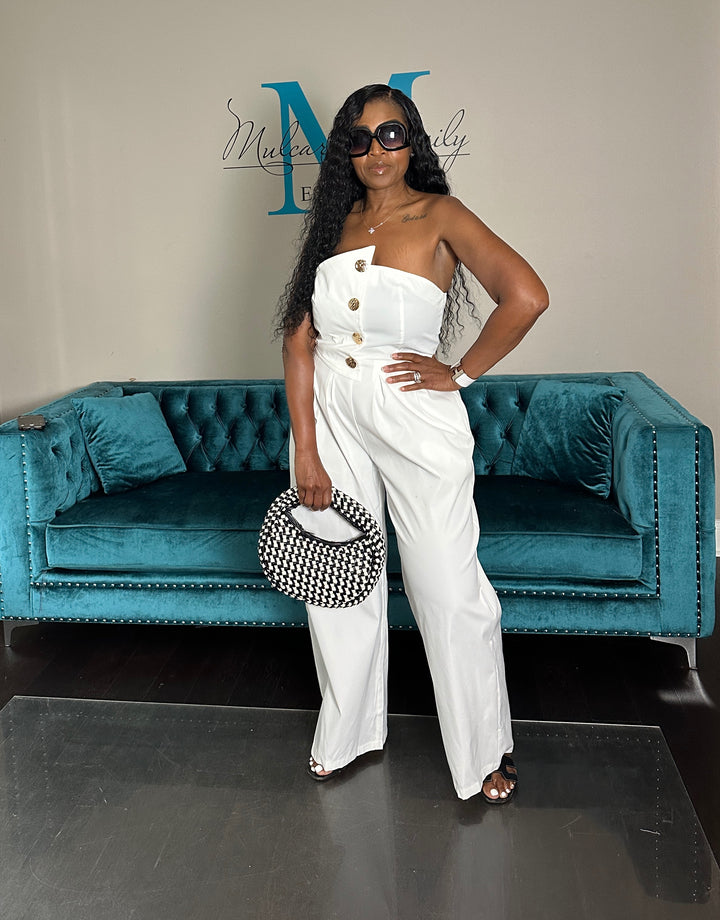 Stretch Twill Strapless Gold Button White Jumpsuit