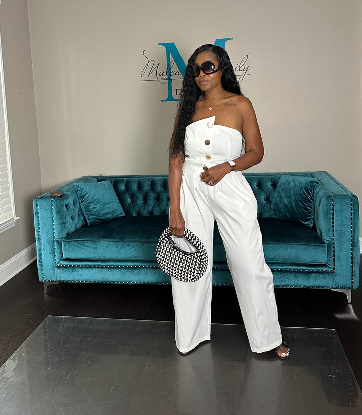 Stretch Twill Strapless Gold Button White Jumpsuit