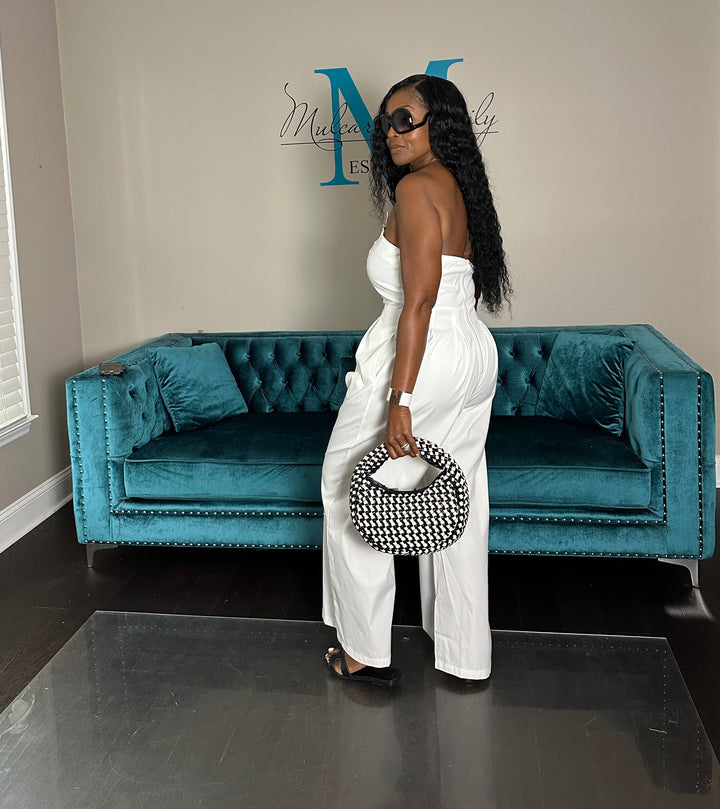 Stretch Twill Strapless Gold Button White Jumpsuit