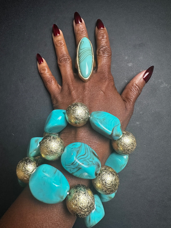 Oversized Skinny Oval Long Stone Accent Stretch Ring - Turquoise