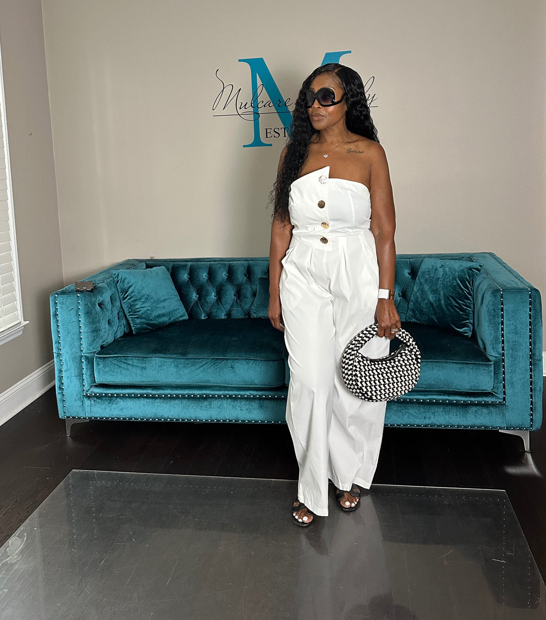 Stretch Twill Strapless Gold Button White Jumpsuit