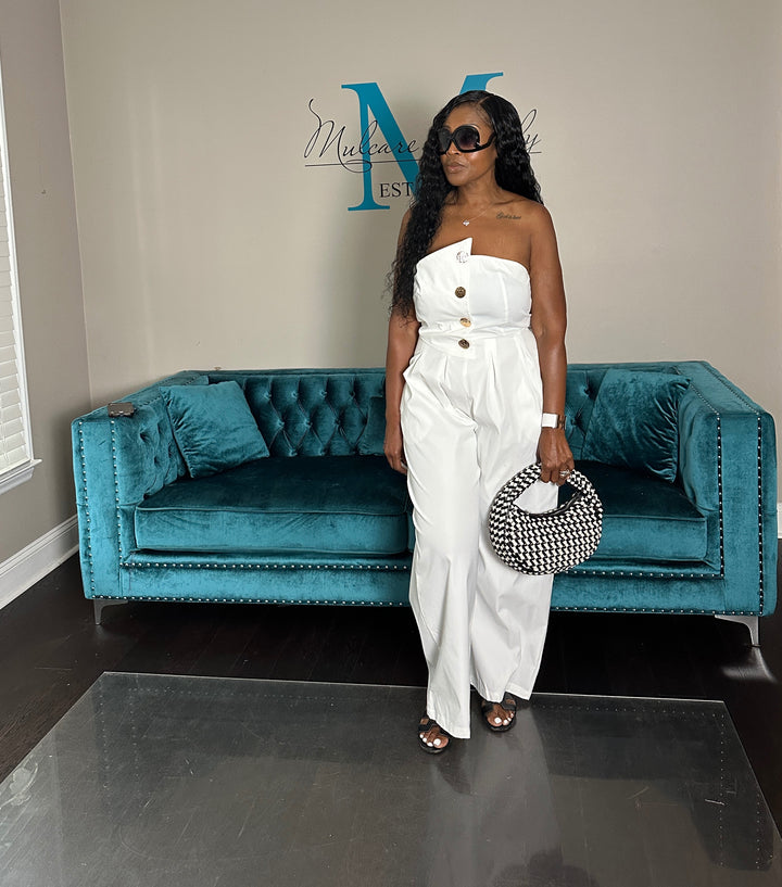 Stretch Twill Strapless Gold Button White Jumpsuit