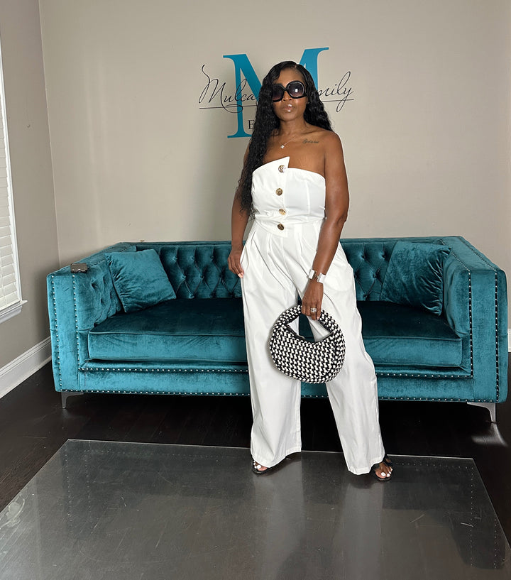Stretch Twill Strapless Gold Button White Jumpsuit