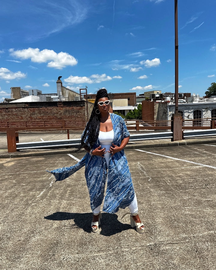 Denim Blue Patterned Long Duster Vest