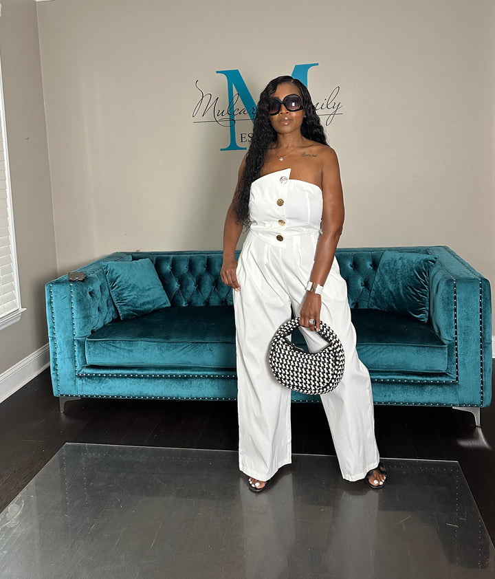 Stretch Twill Strapless Gold Button White Jumpsuit