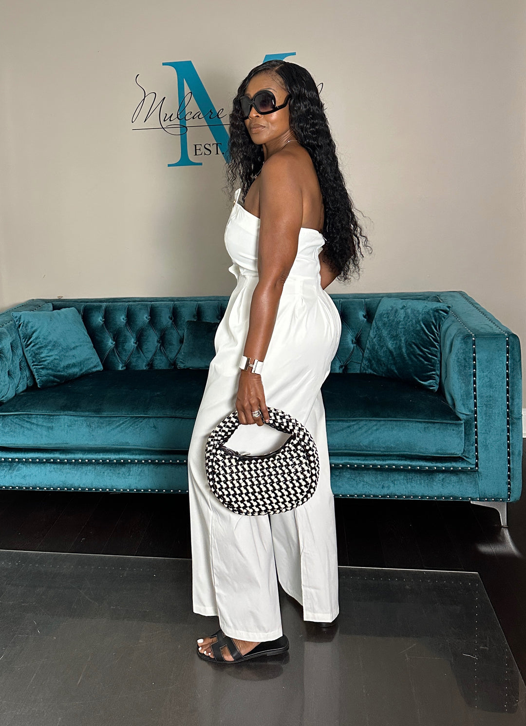 Stretch Twill Strapless Gold Button White Jumpsuit