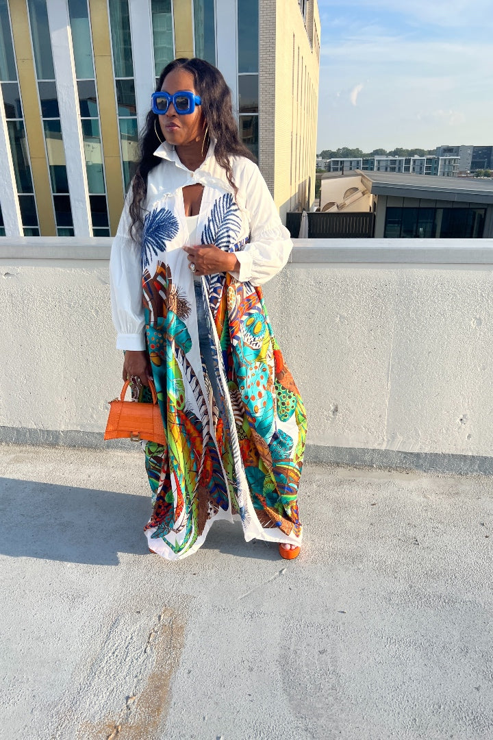 RESTOCKED Remix Shirt and Open Front Satin Kimono  - White Blend