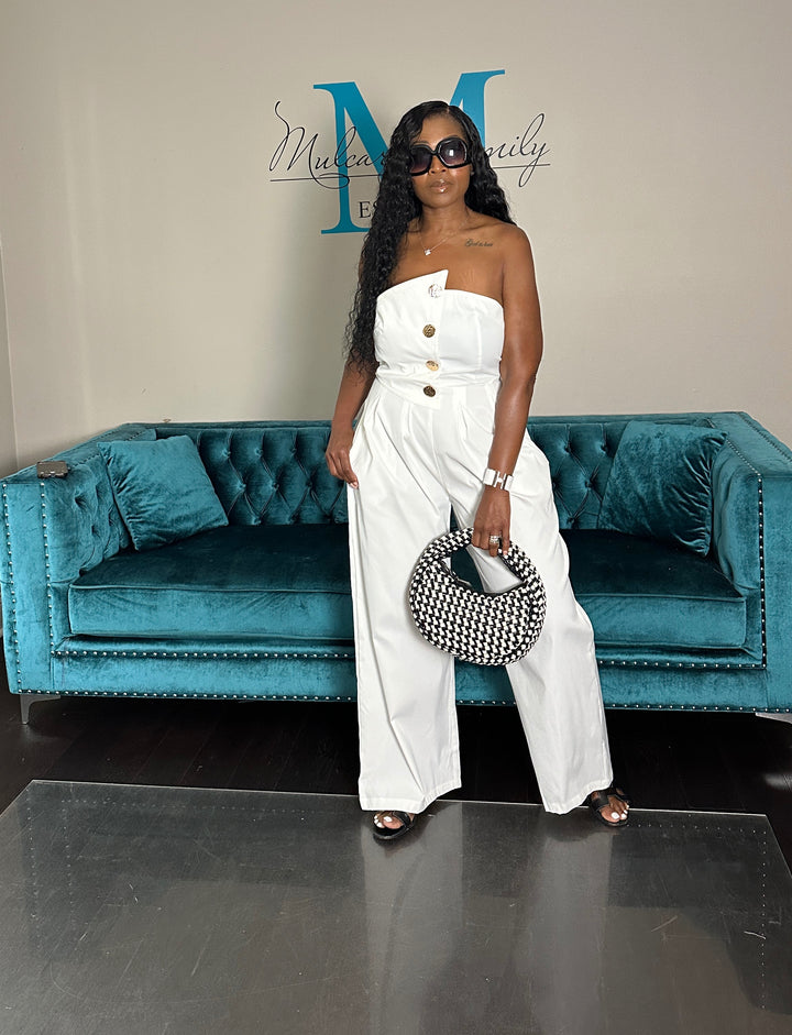 Stretch Twill Strapless Gold Button White Jumpsuit