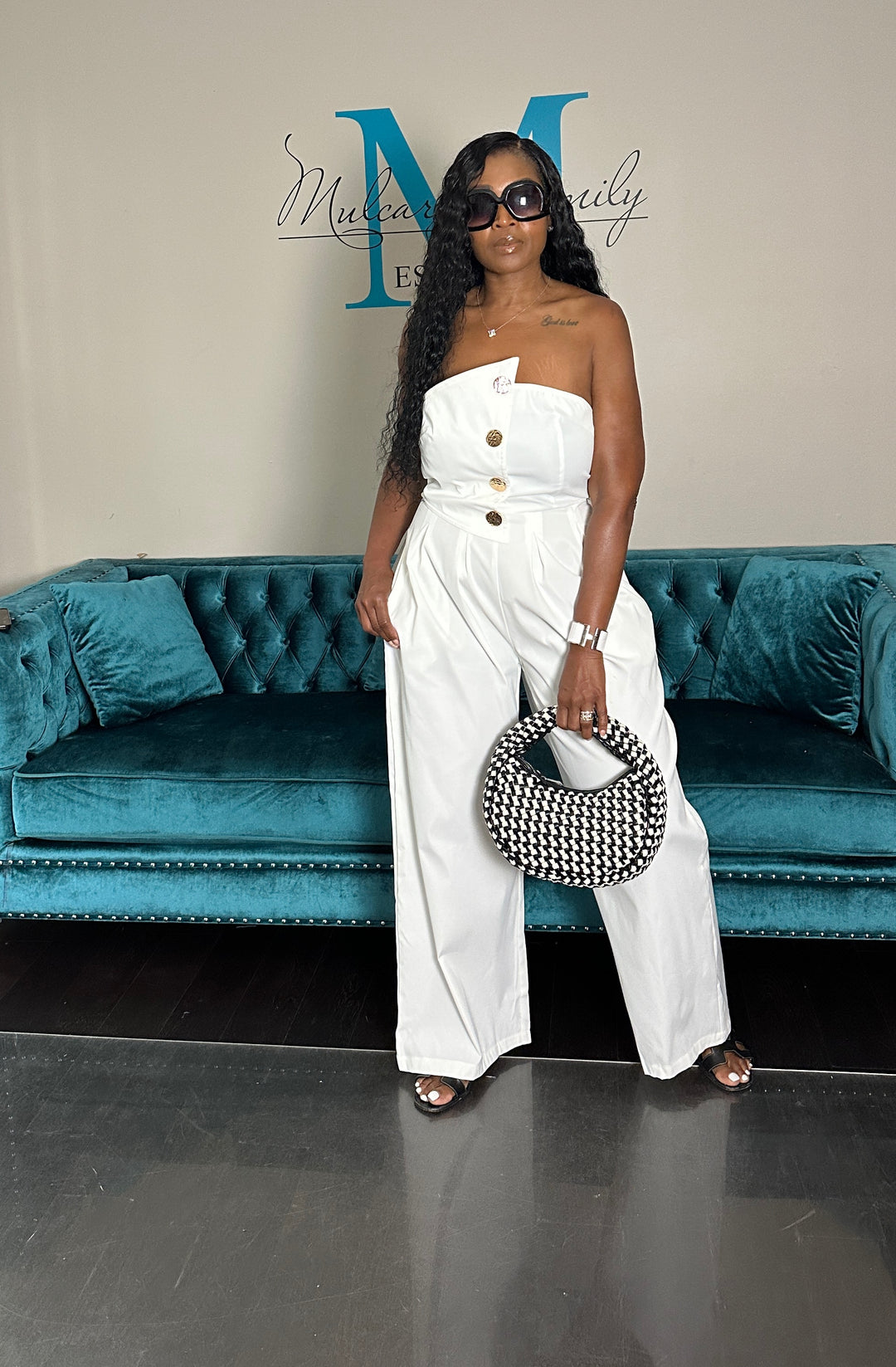Stretch Twill Strapless Gold Button White Jumpsuit