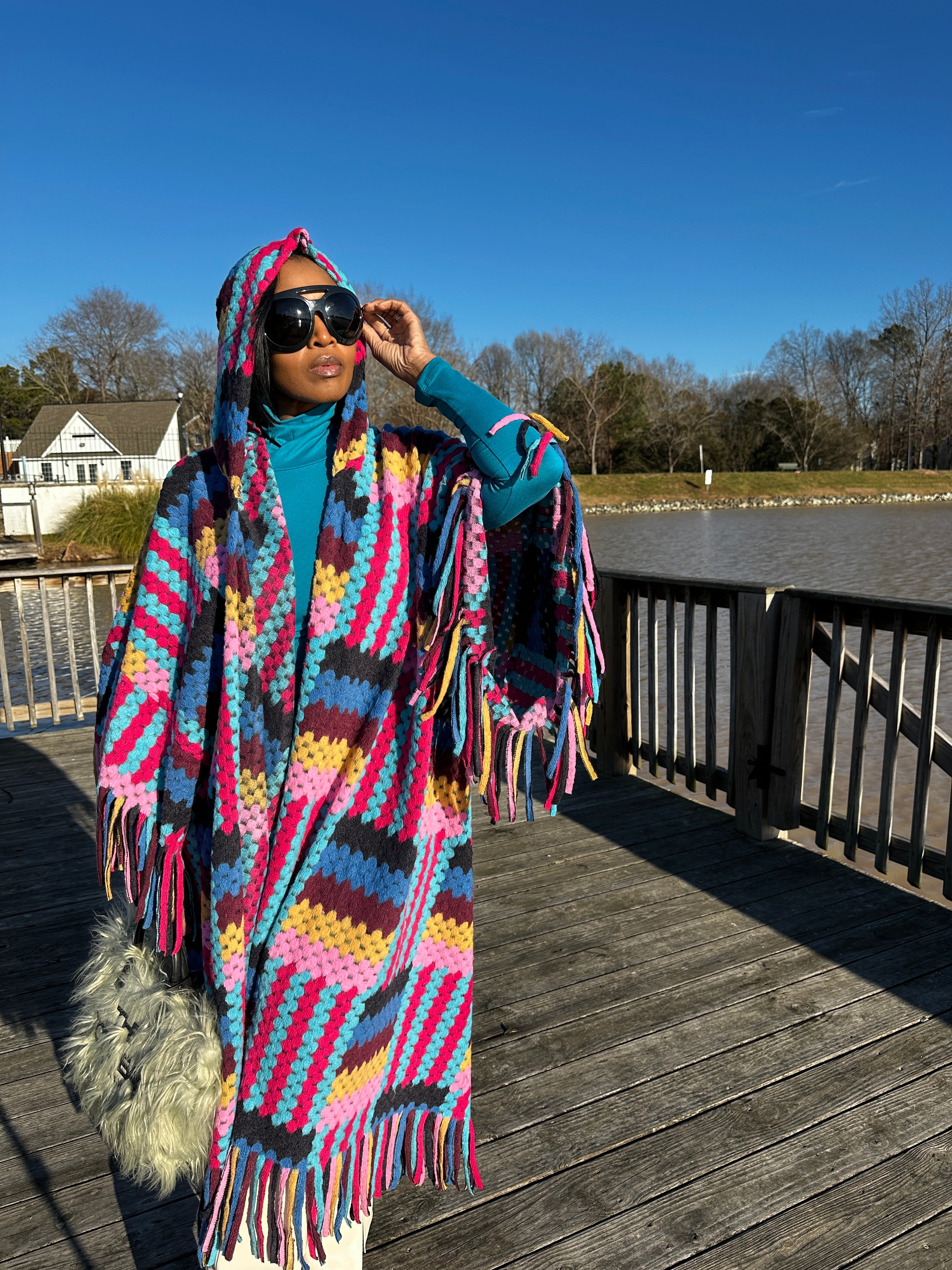 New Rio Hooded Open Front Long Crochet Coat Kimono - Pink Black