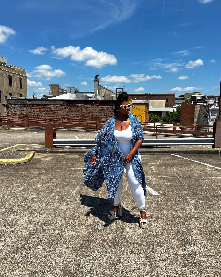 Denim Blue Patterned Long Duster Vest