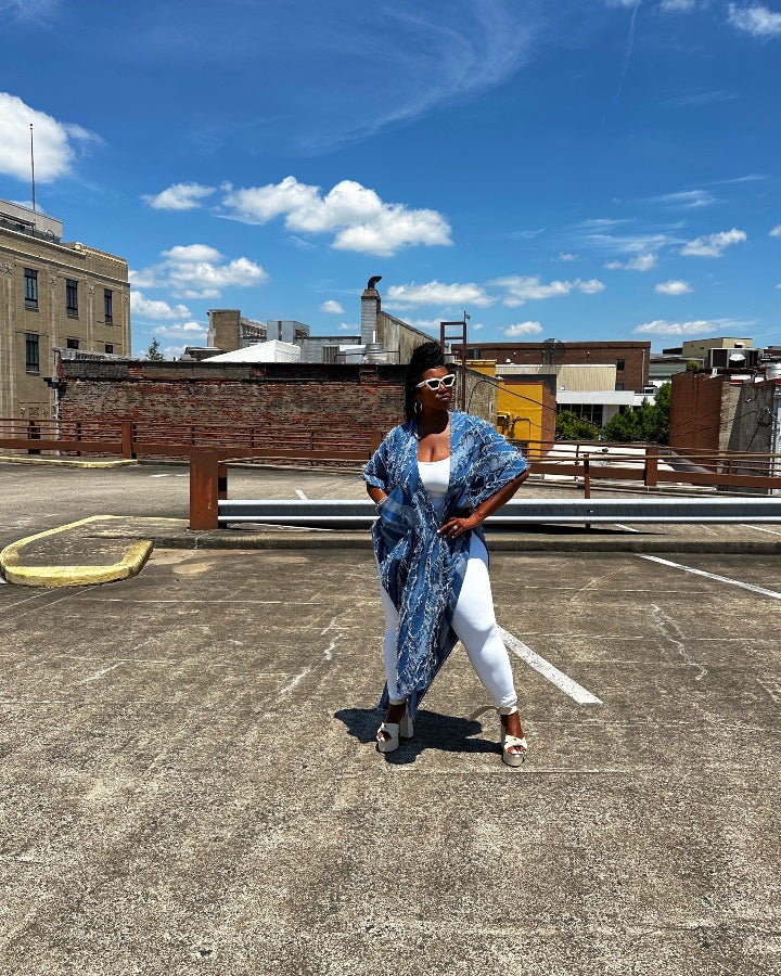 Denim Blue Patterned Long Duster Vest