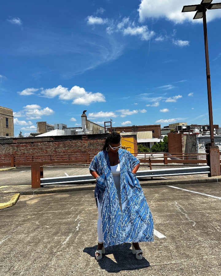 Denim Blue Patterned Long Duster Vest