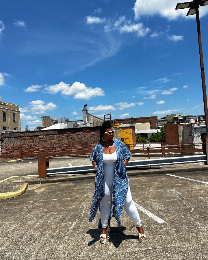 Denim Blue Patterned Long Duster Vest