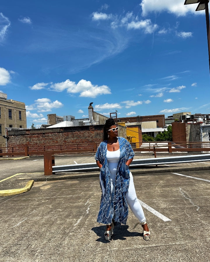 Denim Blue Patterned Long Duster Vest