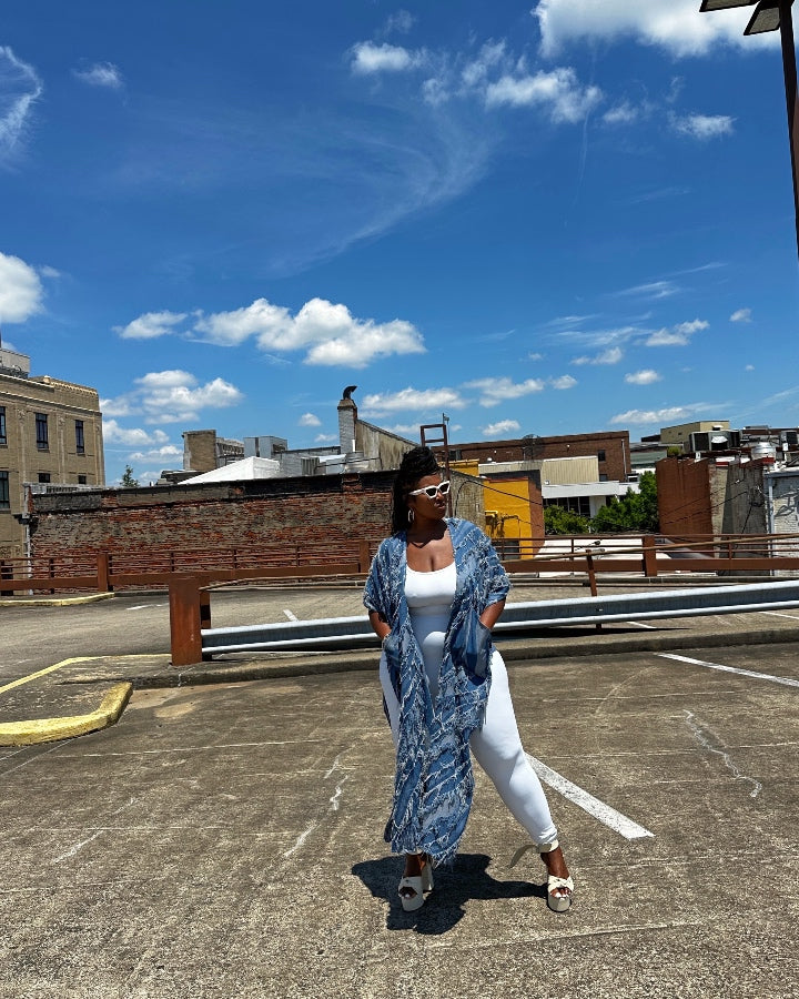 Denim Blue Patterned Long Duster Vest