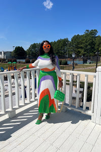 Classy and Fabulous  2 pc long sleeve pleated A line skirt set - Cream Green Orange Blend