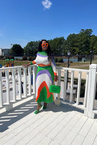 Classy and Fabulous  2 pc long sleeve pleated A line skirt set - Cream Green Orange Blend