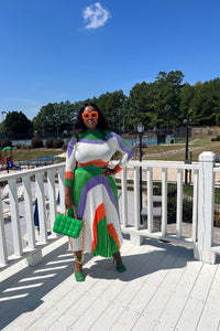 Classy and Fabulous  2 pc long sleeve pleated A line skirt set - Cream Green Orange Blend