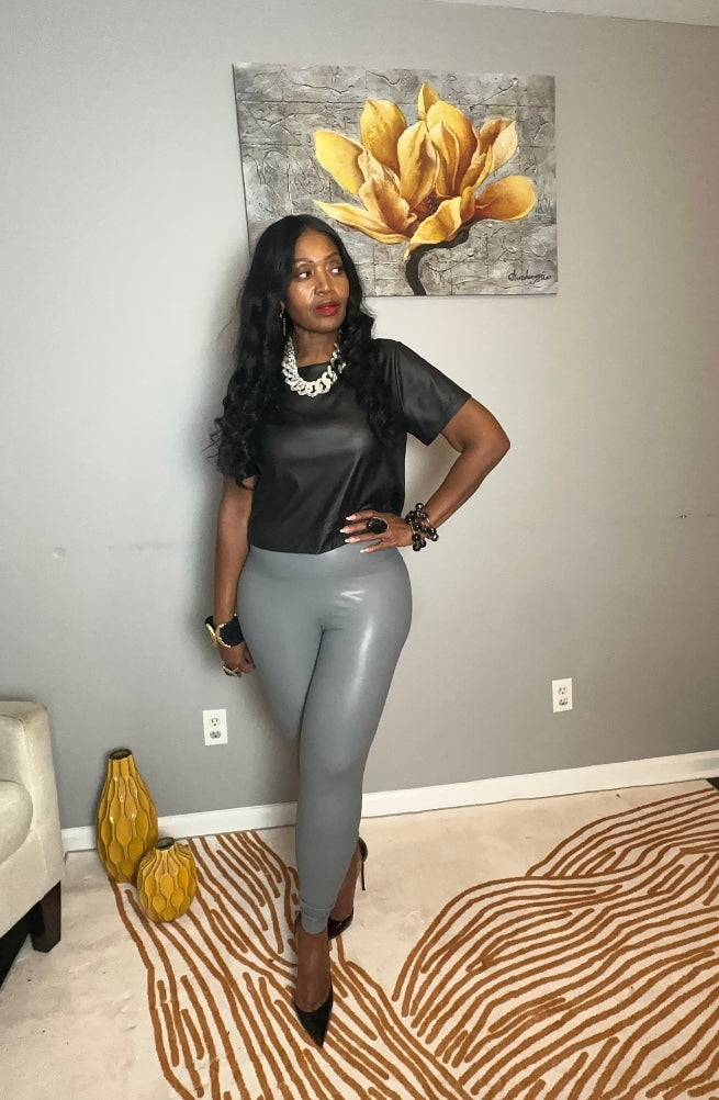 Stretch Faux Leather Leggings - Grey S-XL