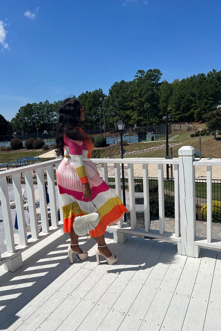 Classy and Fabulous  2 pc long sleeve pleated A line skirt set - Pink Orange Blend