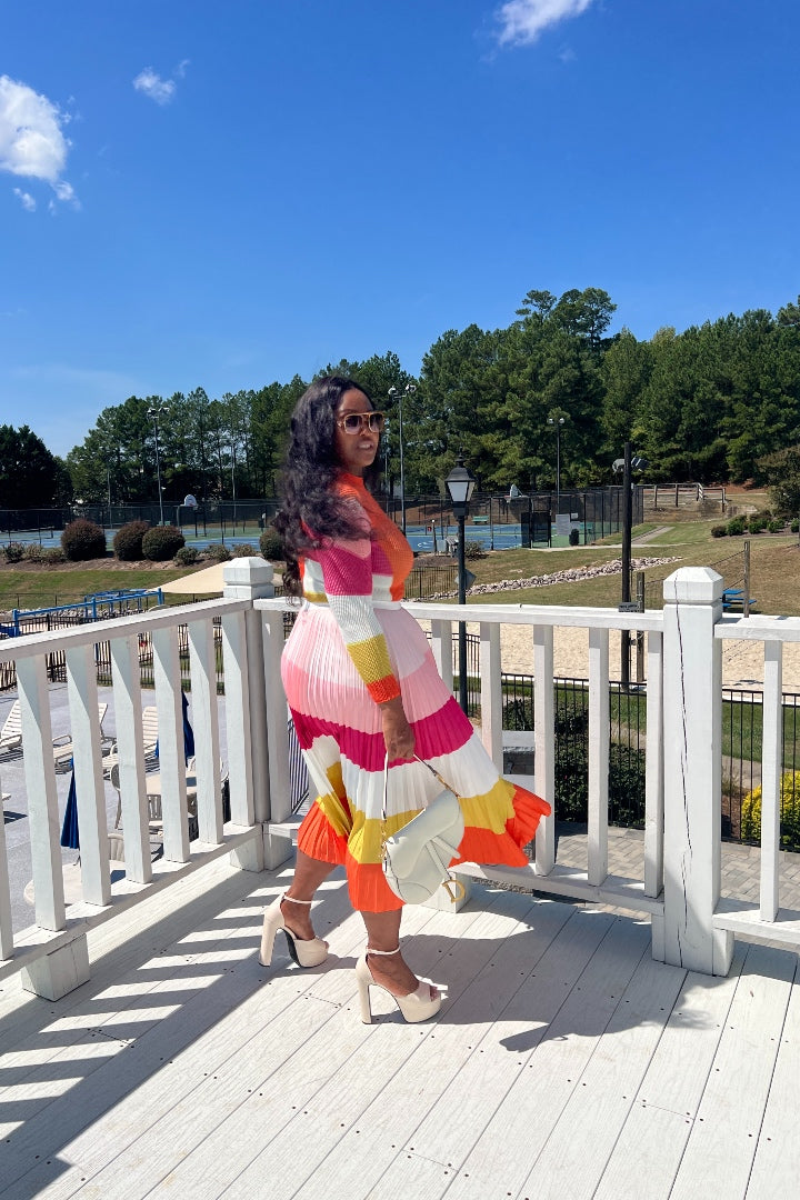 Classy and Fabulous  2 pc long sleeve pleated A line skirt set - Pink Orange Blend
