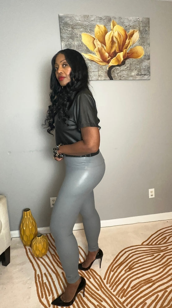 Stretch Faux Leather Leggings - Grey S-XL
