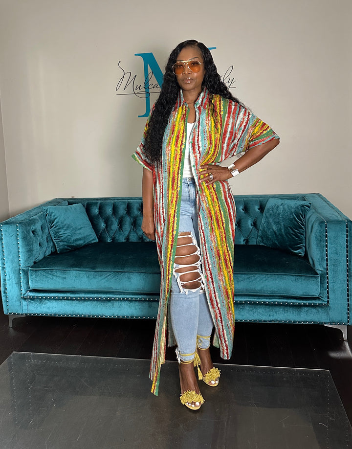 Multicolor Stripe Button Front Shirt Dress - Yellow turquoise Red blend