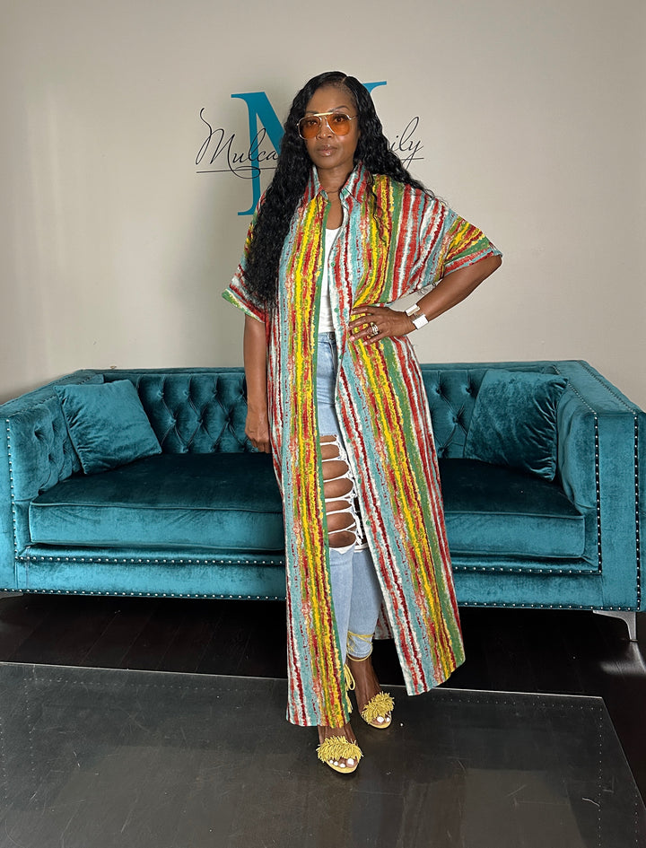 Multicolor Stripe Button Front Shirt Dress - Yellow turquoise Red blend