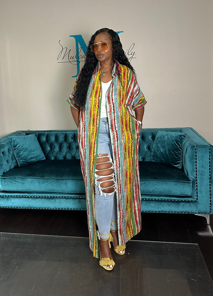 Multicolor Stripe Button Front Shirt Dress - Yellow turquoise Red blend