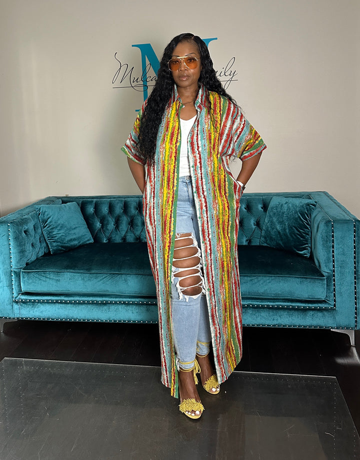 Multicolor Stripe Button Front Shirt Dress - Yellow turquoise Red blend