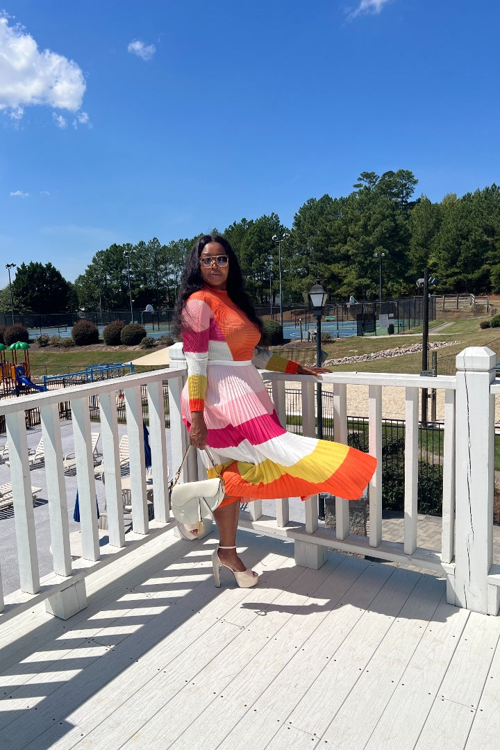 Classy and Fabulous  2 pc long sleeve pleated A line skirt set - Pink Orange Blend