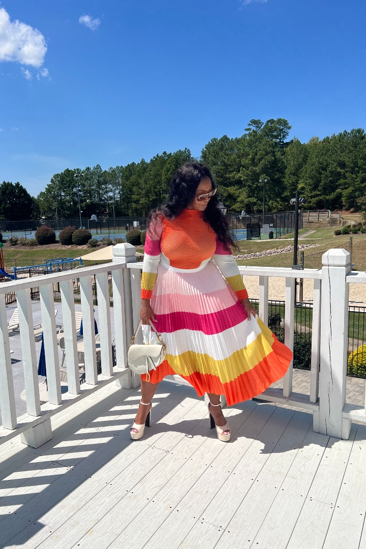 Classy and Fabulous  2 pc long sleeve pleated A line skirt set - Pink Orange Blend