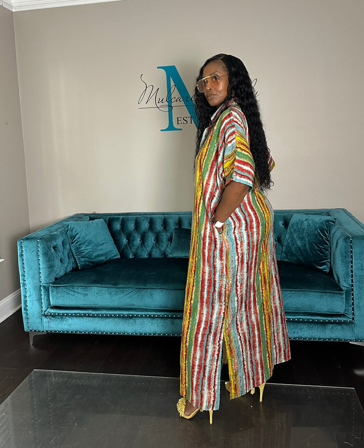 Multicolor Stripe Button Front Shirt Dress - Yellow turquoise Red blend