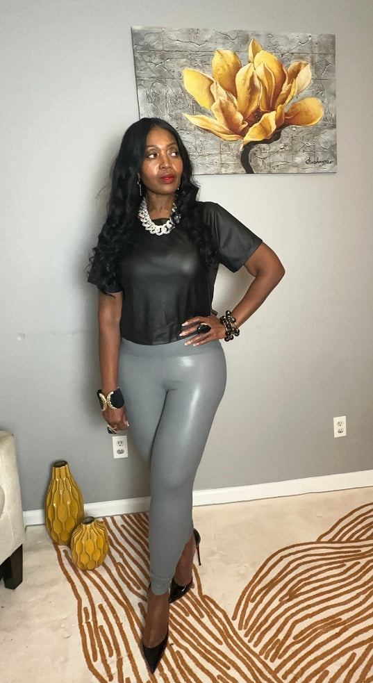 Stretch Faux Leather Leggings - Grey S-XL