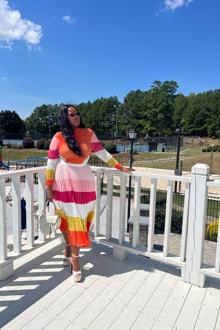 Classy and Fabulous  2 pc long sleeve pleated A line skirt set - Pink Orange Blend