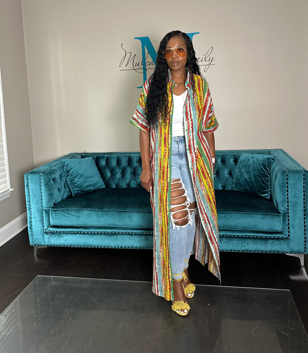 Multicolor Stripe Button Front Shirt Dress - Yellow turquoise Red blend