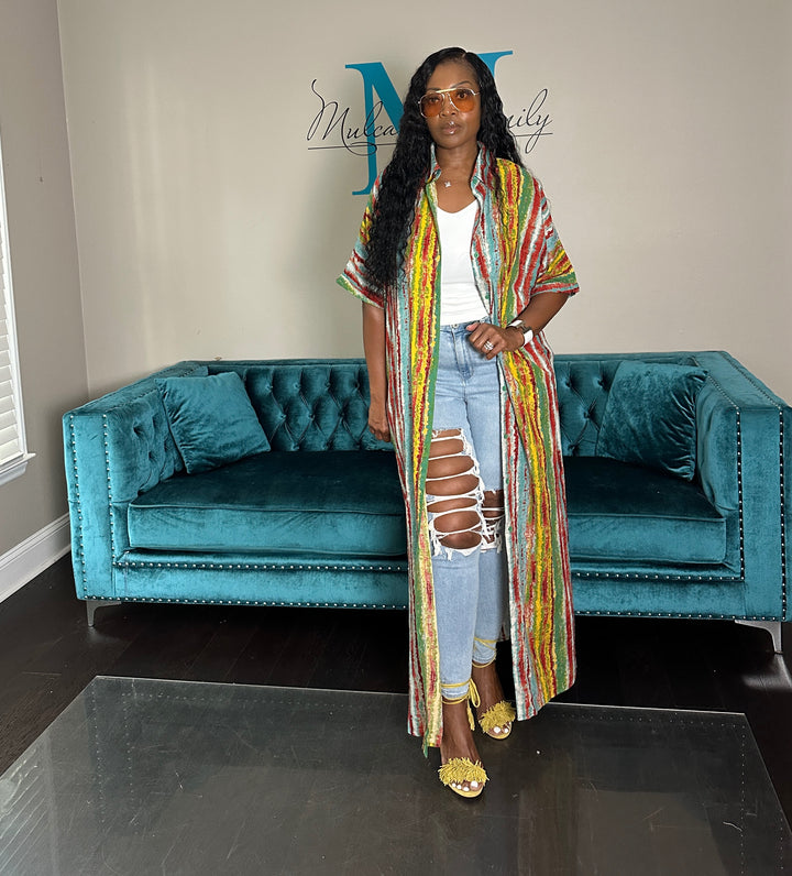Multicolor Stripe Button Front Shirt Dress - Yellow turquoise Red blend