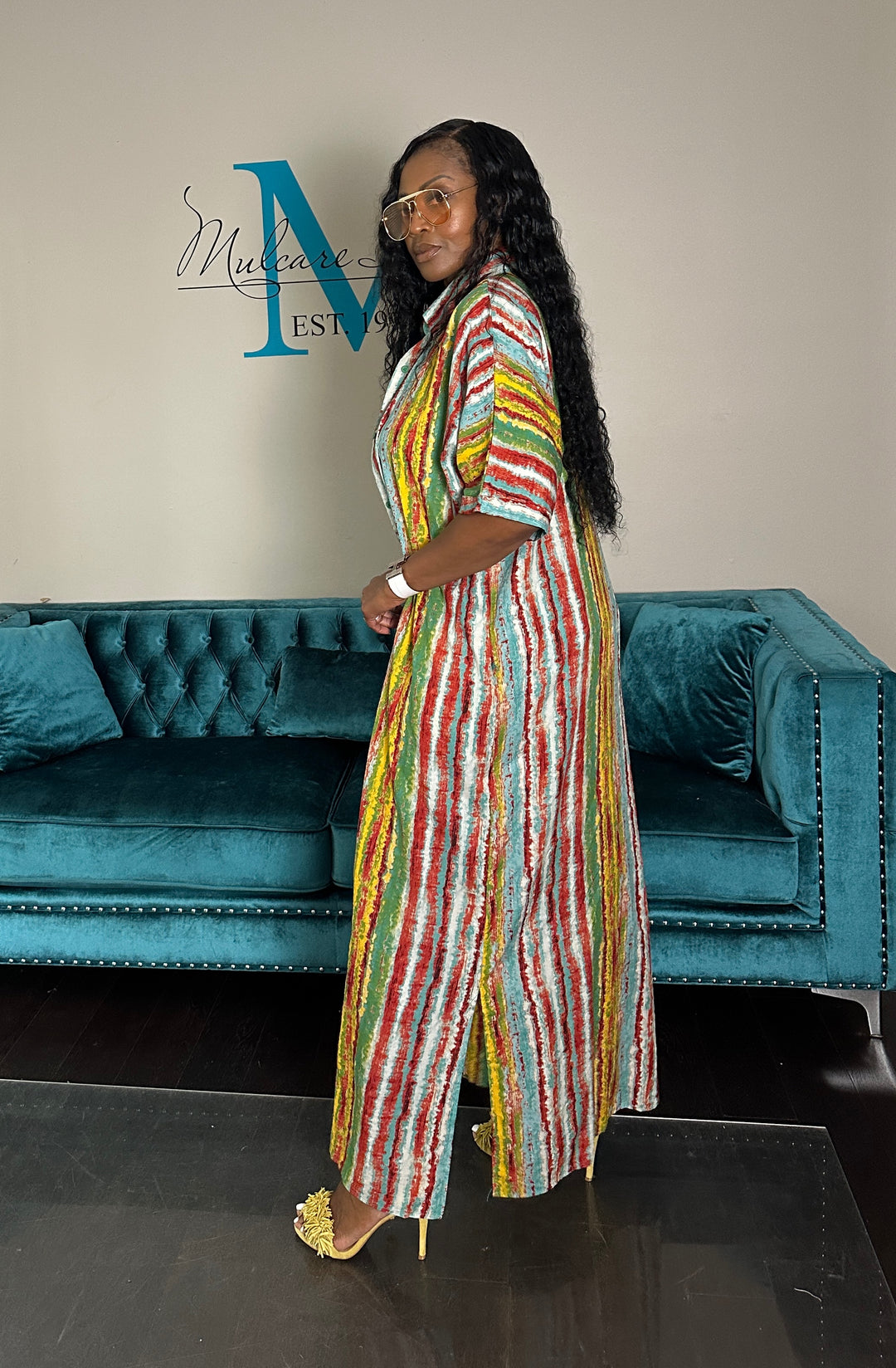 Multicolor Stripe Button Front Shirt Dress - Yellow turquoise Red blend