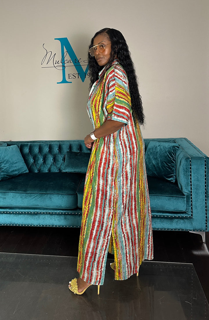 Multicolor Stripe Button Front Shirt Dress - Yellow turquoise Red blend